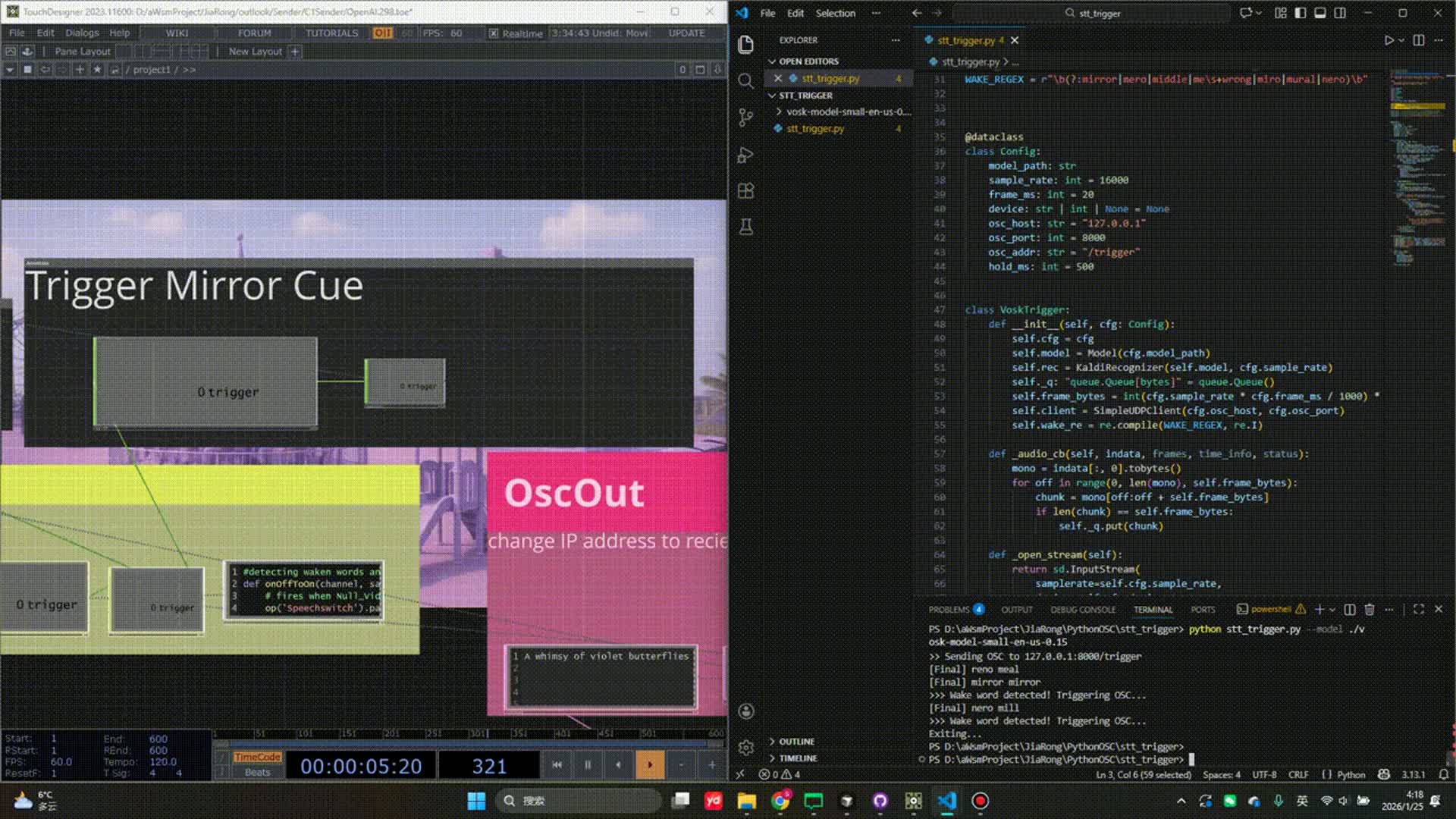 Accent variability was handled by lowering the wake-word detection threshold; successful triggers send a pulse to TouchDesigner for visual switching, using the lightweight vosk-model-small-en-us-0.15 model.